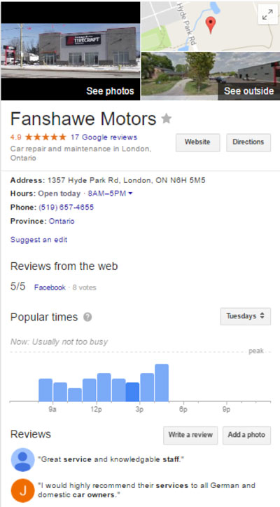 Fanshawe Motors Google My Business Listing