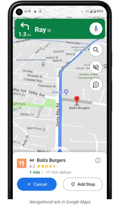 A Google Ads Navigational Ad displaying in Google Maps