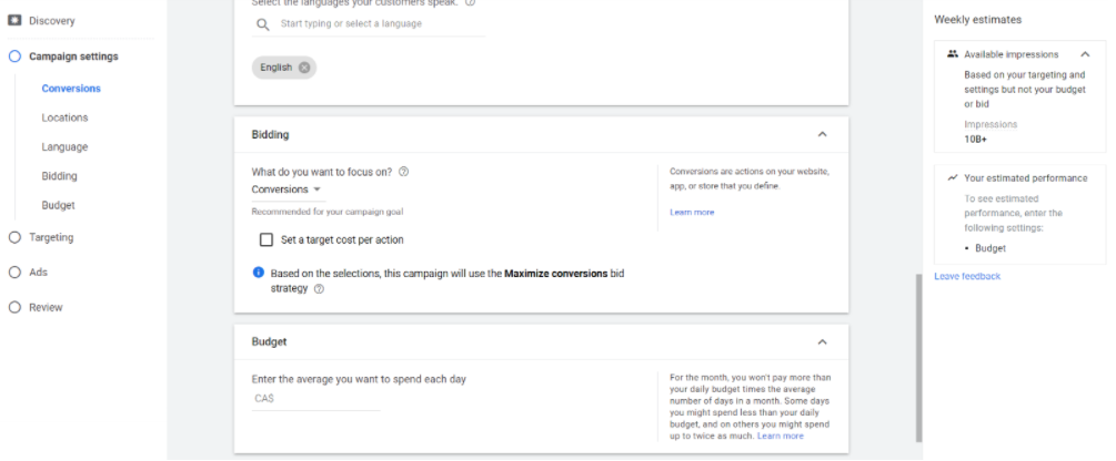 Screenshot of Google Ads interface showing Discovery campaign options for location, language, bidding, and budget