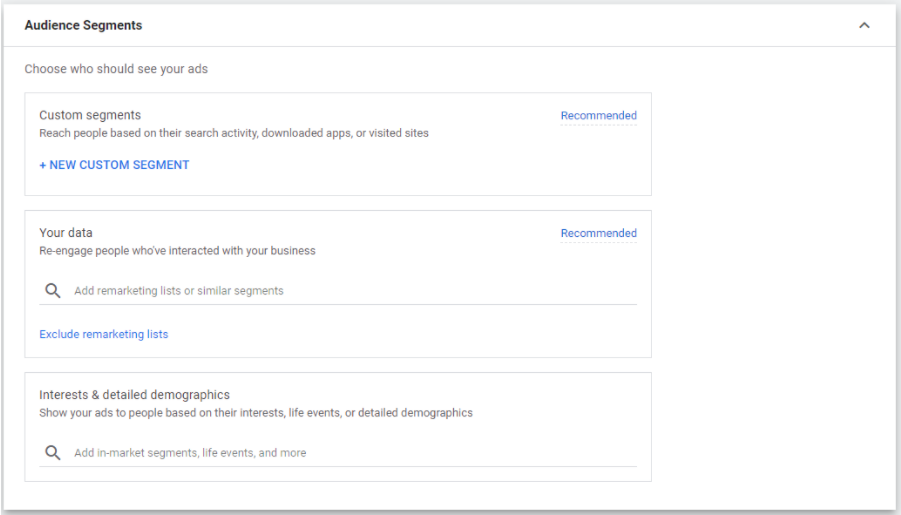 Screenshot of audience segments available for Google Discovery Campaigns