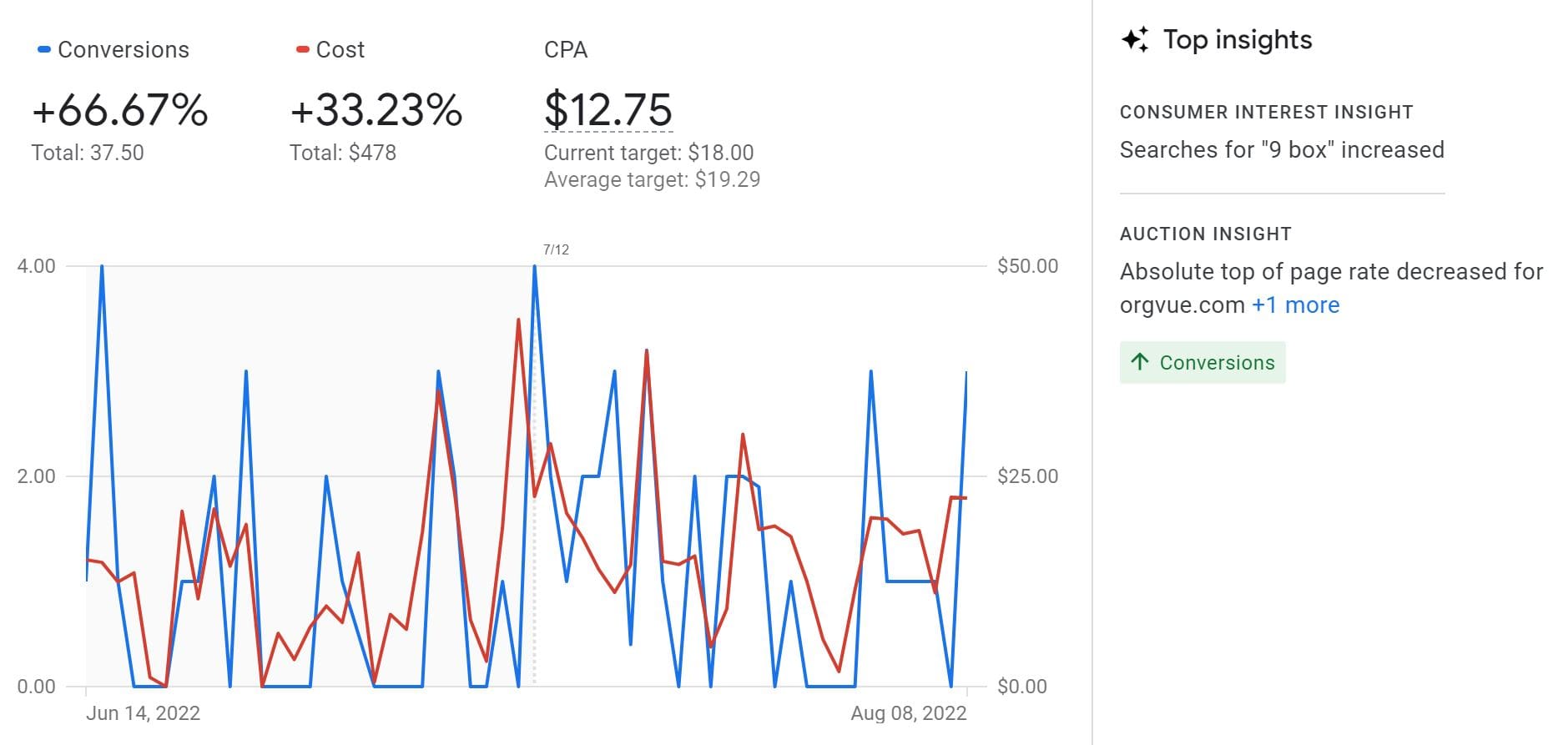 Example of Google Ads Insights overview at the campaign level