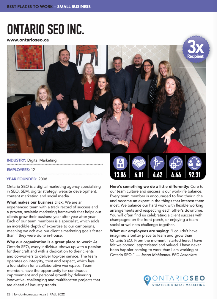 Screenshot of our London Inc. Magazine's Best Places to Work feature.