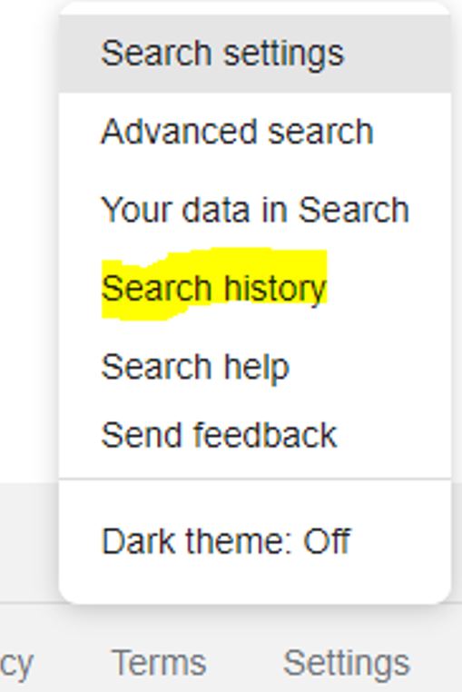 Settings menu highlighting the search history link