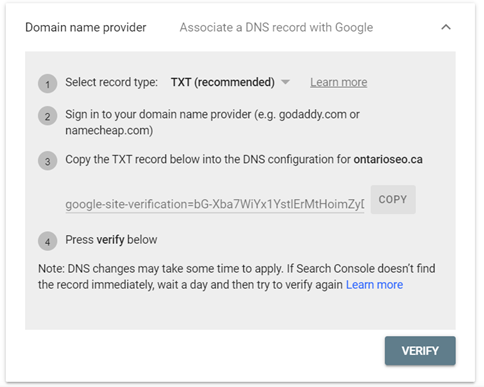 DNS verification method instructions for Google Search Console