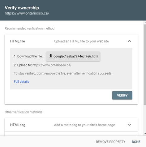 Verify ownership window in Google Search Console
