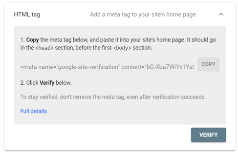 HTML tag verification method instructions for Google Search Console