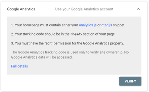 Google Analytics verification method instructions for Google Search Console