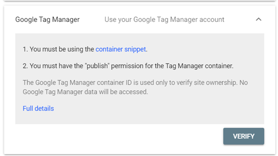 Google Tag manager verification method instructions for Google Search Console
