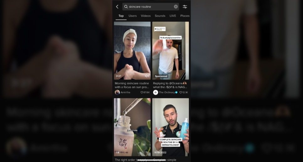 Screenshot of TikTok’s search results for skincare routine with sponsored ad.