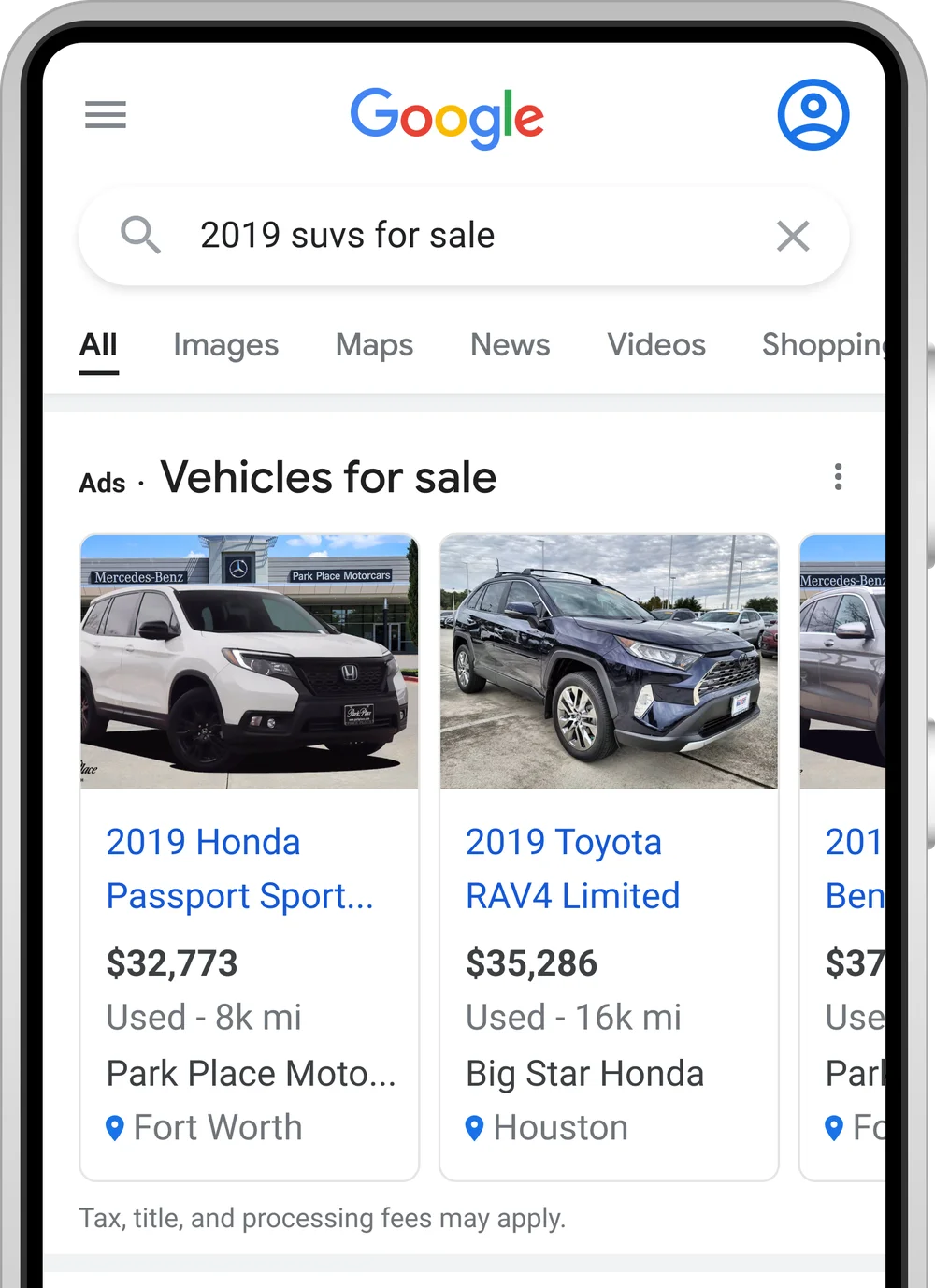 Screenshot of Google Ads’ vehicle listings showing up in the SERP.