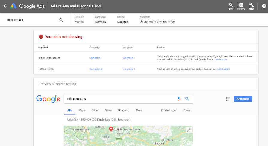 Google Ads’ Ad Preview and Diagnosis Tool