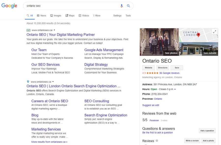 Dominated Brand Search Results Page for Ontario SEO